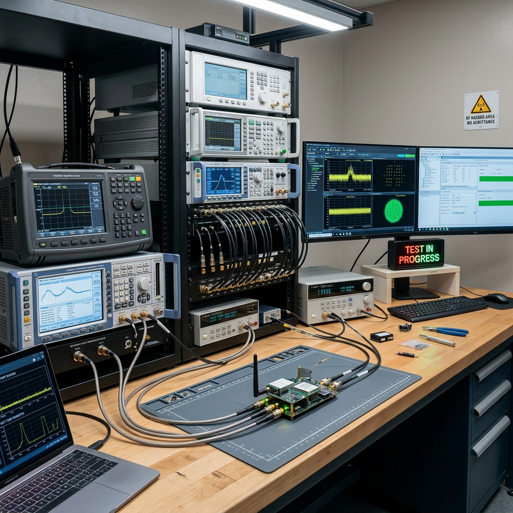 Radio frequency test setup with signal analyzers, circuit boards, and monitors showing waveforms